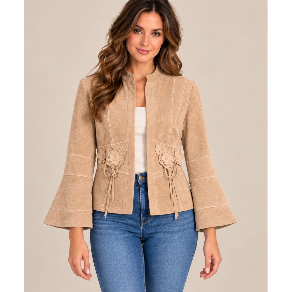 Nine West Tan Suede Leather Floral Bell Sleeve Open Front Jacket Women's Small